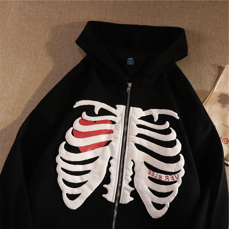 Y2K Harajuku Korean Style Loose Skeleton Zip Up Hoodie Goth Grunge Long-Sleeved Hooded Jacket Retro Black Oversized Sweatshirt alx