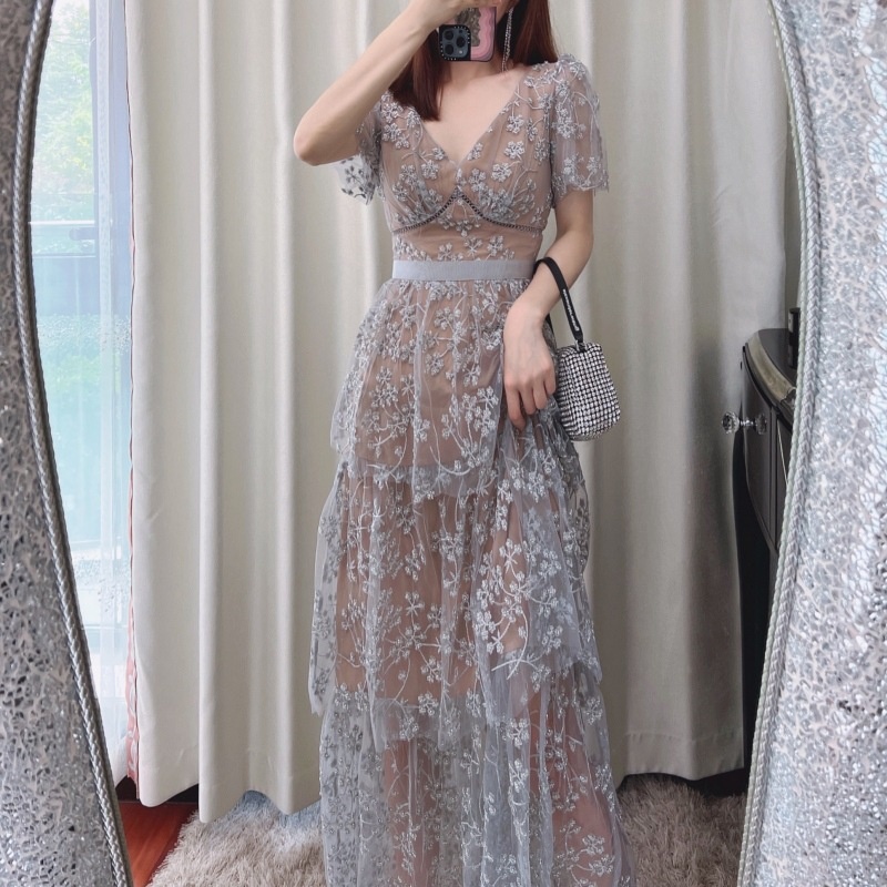 Summer Runway Women Sequins Dress Lace Mesh Tulle Flower Embroidery Evening Party Cascadding Ruffle Cake Midi Long Dress Woman alx