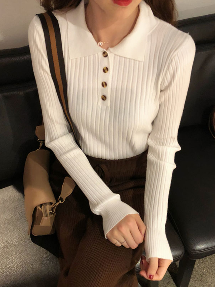 Buttons Turn-down Pullovers 2022 Women Sweater Basic Sweet Knit Jumper Korean Sweater Pull Femme Top Chic Elasticity Winter alx