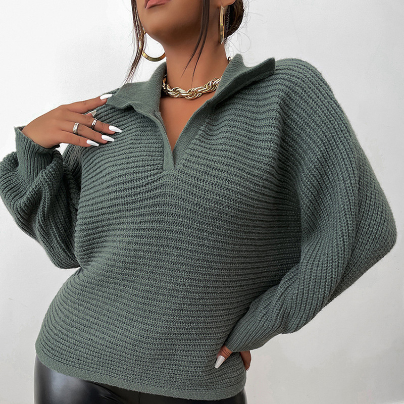 V Neck Plus Size Sweater Women Turn Down Collar Loose Long Sleeves Sweater Fashion Autumn Winter Green Oversize Knit Top 3XL alx