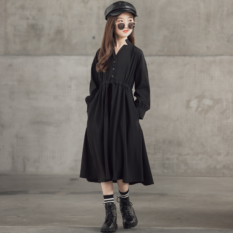 Teen Girls Elegant Autumn Long Dress 2021 New Long Sleeve Buttons Black Grey Dress Muslim Girls Clothes 10 12 14 years alx