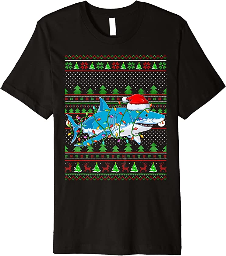 Ugly Xmas Sweater Style Lighting Shark Fish Christmas Premium T-Shirt