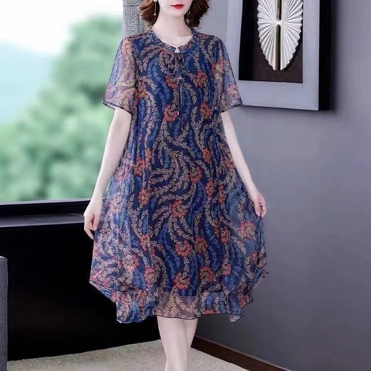 2022 New Summer Women Short Sleeve Midi Dress Female Vintage Bow V Neck Summer Flower Printed Chiffon Gauze 5XL Dresses Vestidos alx