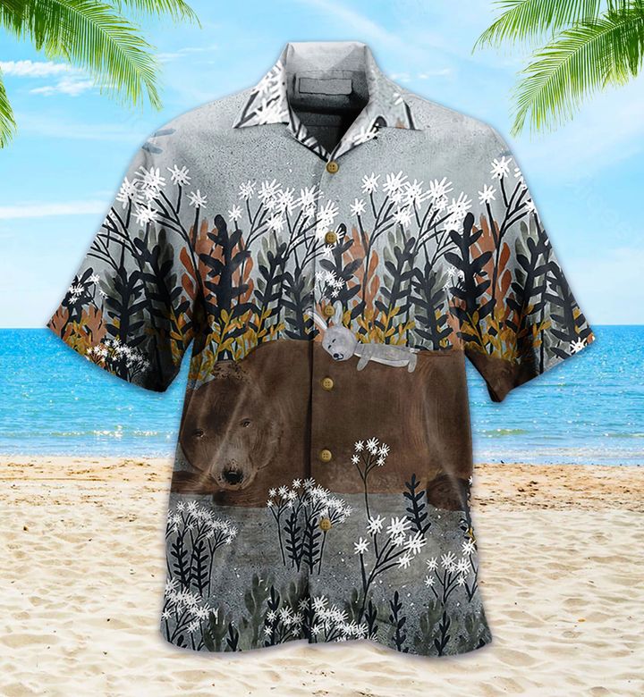 Waybackapparel Bear And Bunny Brown 3D Hawaiian Shirt