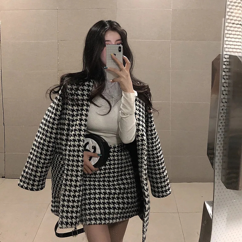 Spring Autumn Houndstooth Print Coats Women+skirt Two Piece Set Women New Turn-down Collar Single-breasted Streetwear Coat Suit alx