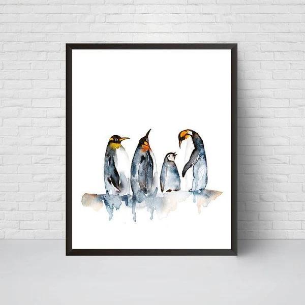 Penguin Watercolor Print, Penguins Wall Art, Contemporary Decor, Penguin Poster