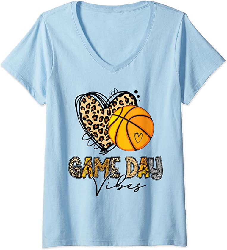 Womens Basketball Game Day Vibes Leopard Basketball Mom Game day V-Neck T-Shirt