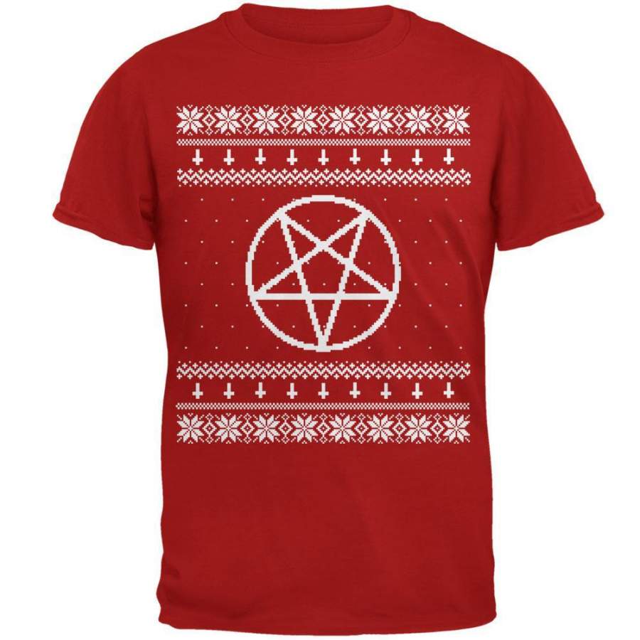 White Satanic Pentagram Ugly Christmas Sweater Red Adult T-Shirt