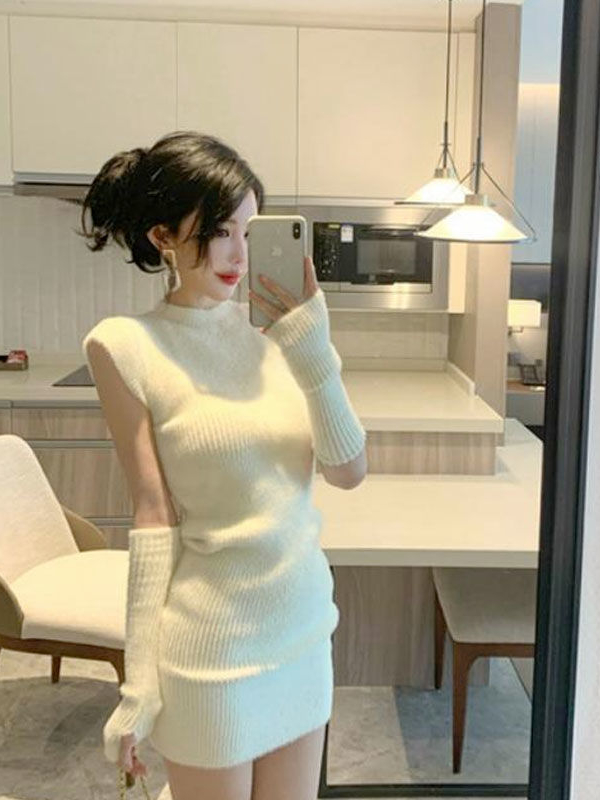 2022 Autumn Winter Thin Knitted Dress Women Solid Bodycon Sweater Sexy Dresses Elegant Ladies Robe Japanese Y2k Vestido + Sleeve alx