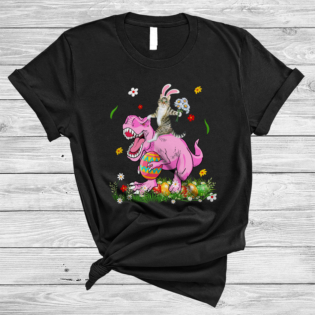 Bunny Cat Riding T-Rex Cute Happy Easter Day Egg Hunt Flower Cat Lover Gifts T-Shirt