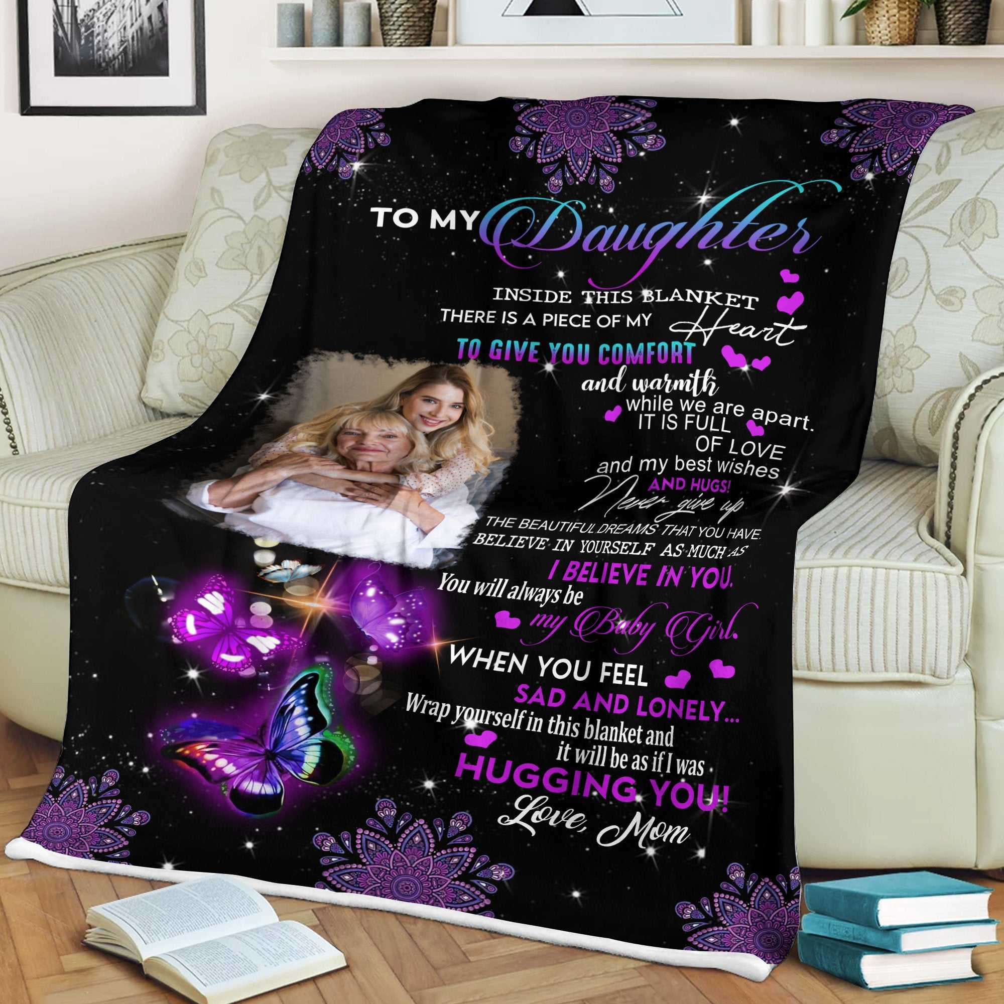 Mom Dad Letter To Daughter Butterfly Art Personalized Blanket With Photo