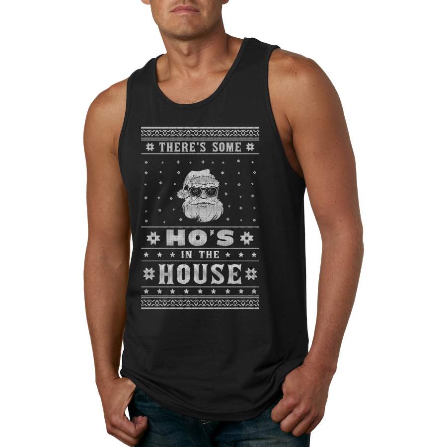 Theres Some Hos in the House Santa Ugly Christmas Sweater Mens Graphic Tank Top