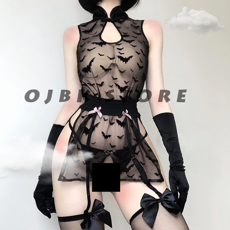 Womens Lingerie Gothic See Through Cosplay Costumes Bat Pattern Anime Sleepwear Sexy Outfit Erotic Night Wear Lace Pajamas New alx