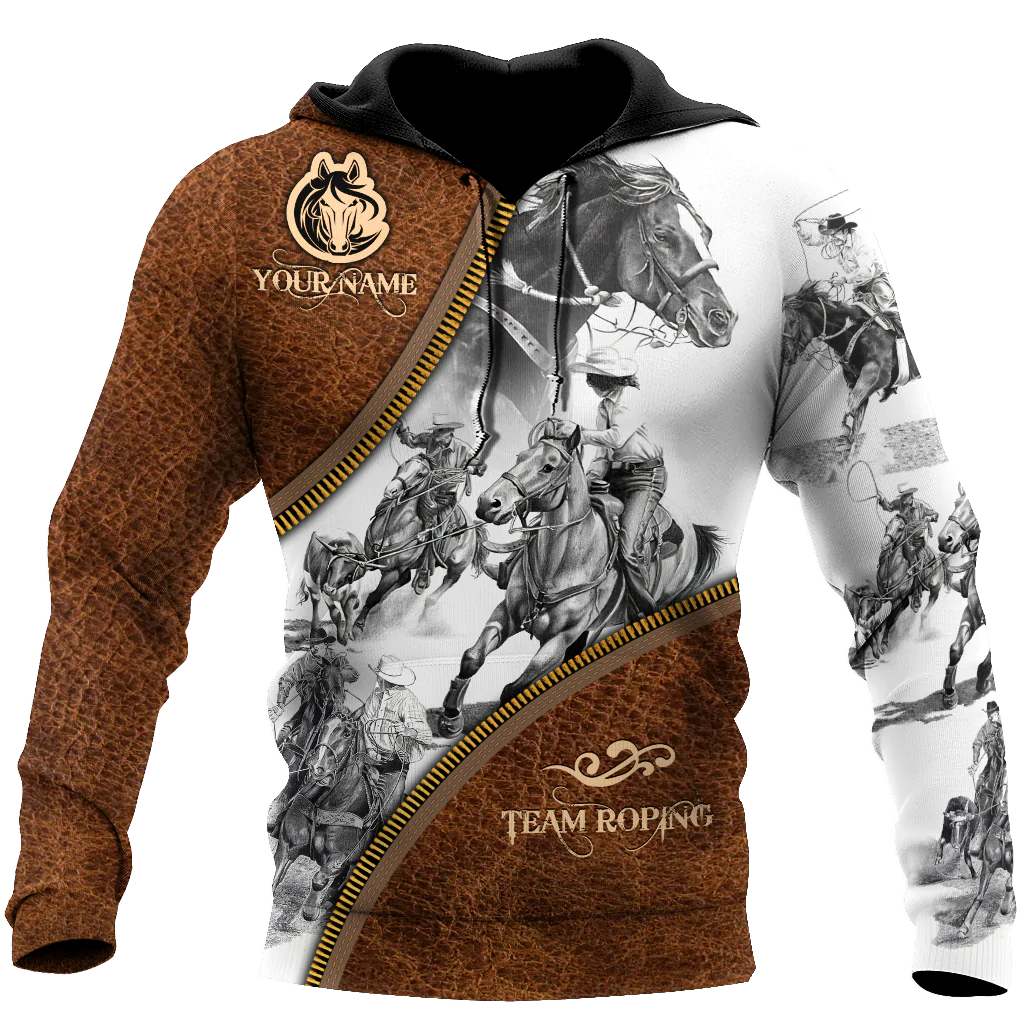 Customized 3D Riding Hoodie Brown Leather Pattern Team Roping Hoodies Rodeo Hoodie