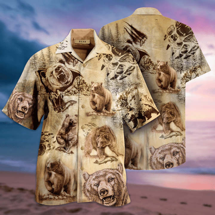 Bears In Forest Vintage Print Hawaii Aloha Shirts Ha86662