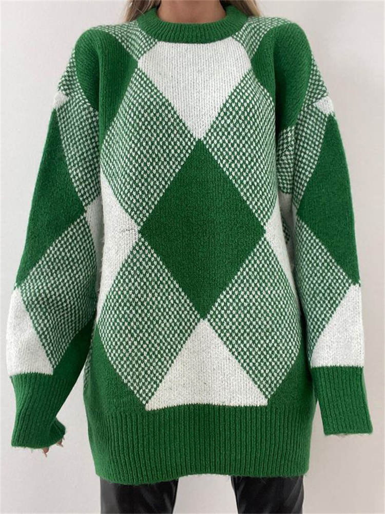 Syiwidii Argyle Sweater Women Oversized Loose Fashion Knit Pullover Autumn Winter 2022 Green Yellow Vintage Casual Soft Jumpers alx