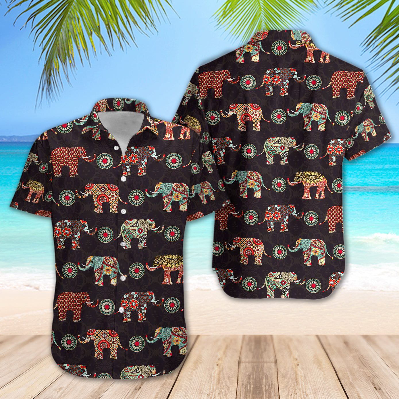 Elephant Vintage Pattern Shirt Regular Fit Short Sleeve Slim Fit Casual Full Print Shirt