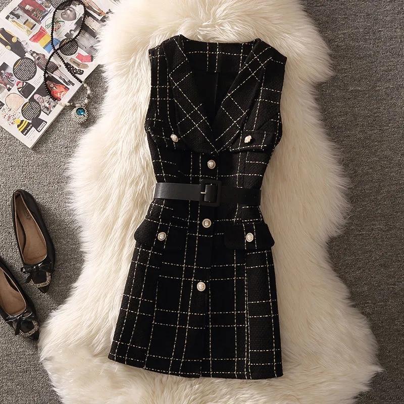 Vintage Mid-Length Plaid Tweed Vest Jacket Women 2 Piece Set Elegant Pearl Button Belted Unlined Waistcoat And Knitted Sweater alx