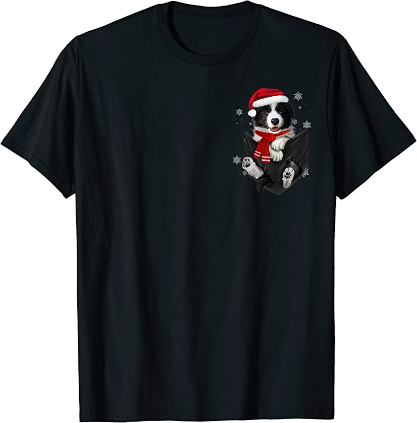 Winter Holiday Bordercollie Puppy Pocket Christmas Santa Hat T-Shirt