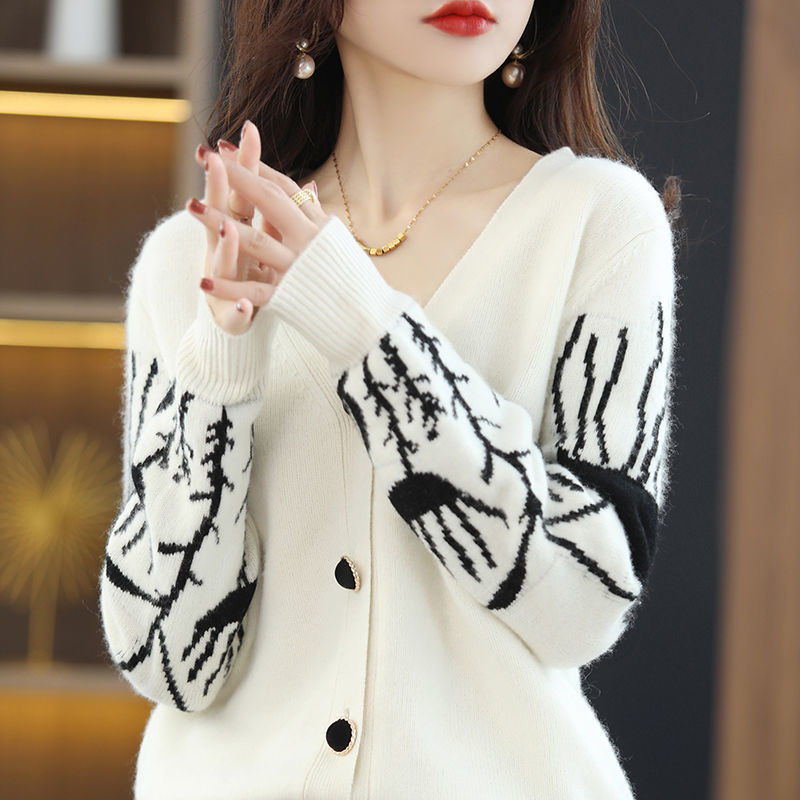 Women Cardigans Wool Knitted Sweater Coat Autumn Winter Long Sleeve V-Neck Loose Fashion Female Casual Black White Sweaters alx