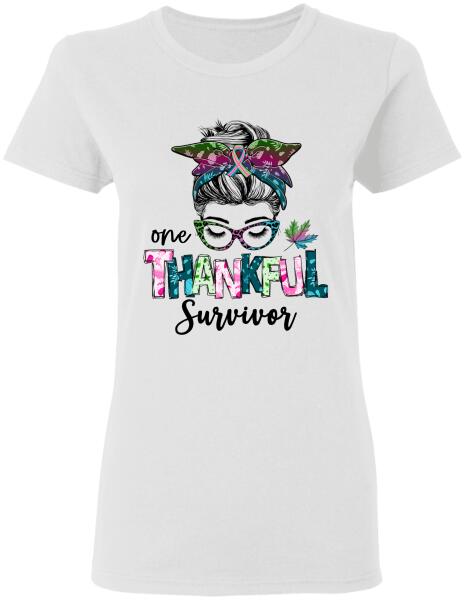 One Thankful Survivor Green Teal Pink In The Fall Personalized Shirt Metastatic Breast Cancer Awareness Sh-01070-Ctha
