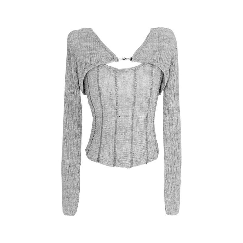 Yedinas Vintage Cropped Cardigan Smock Two Piece Tops Long Sleeve Autumn Spring Korean Style Grey Knitted Sweater Slim Female alx