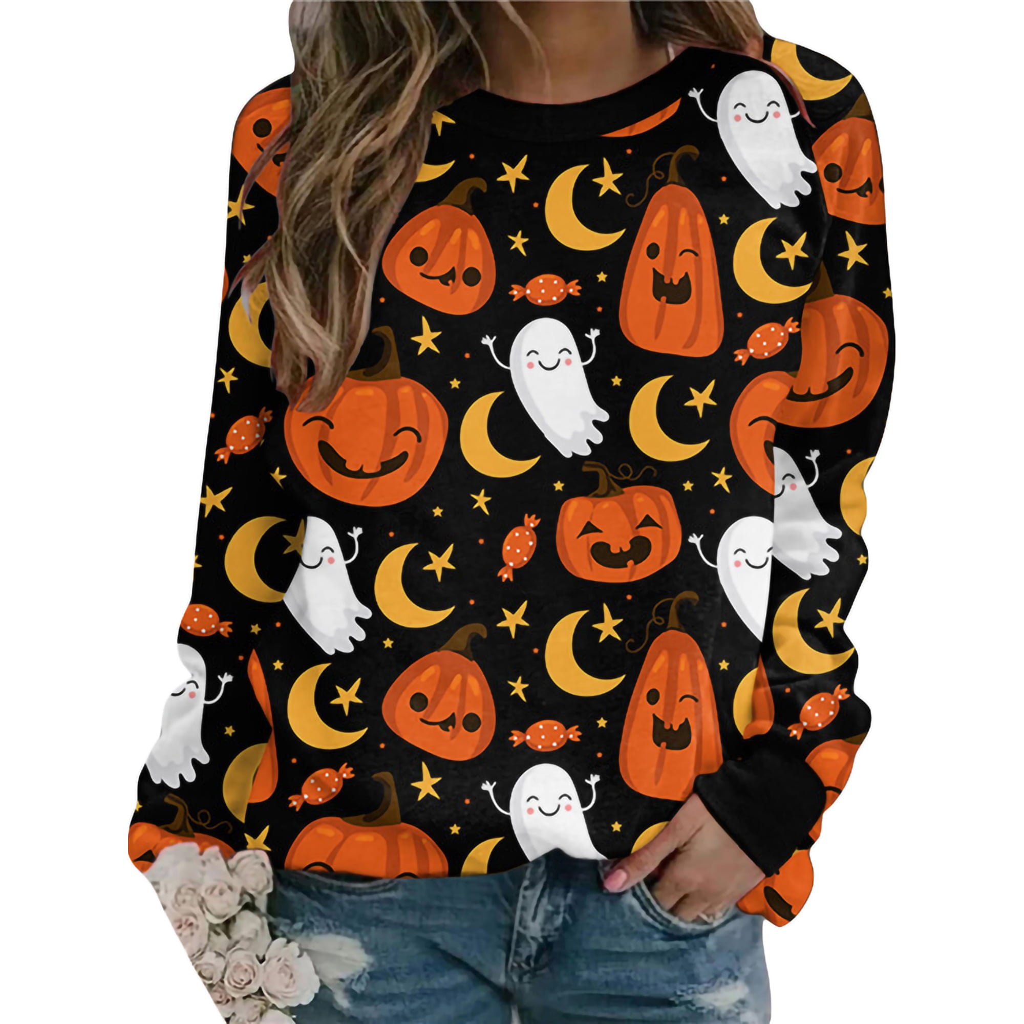 Cat Pumpkin Crewneck Sweatshirt All Over Print Sweatshirt For Women Sweatshirt For Men