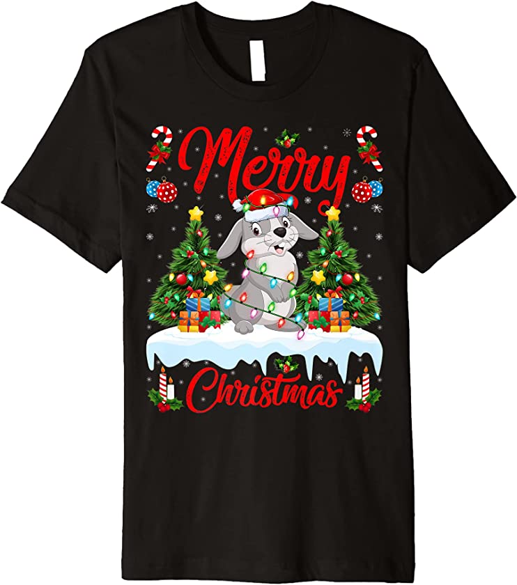 Rabbit Lights Xmas Tree Funny Santa Rabbit Christmas Premium T-Shirt