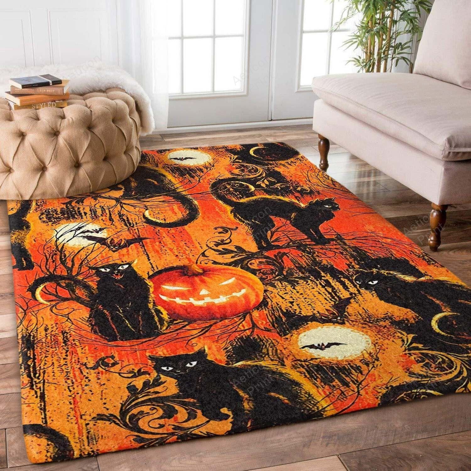 Halloween Black Cat Love Pumpkin Area Rug Carpet Vintage Home Decor Gift Idea Carpet