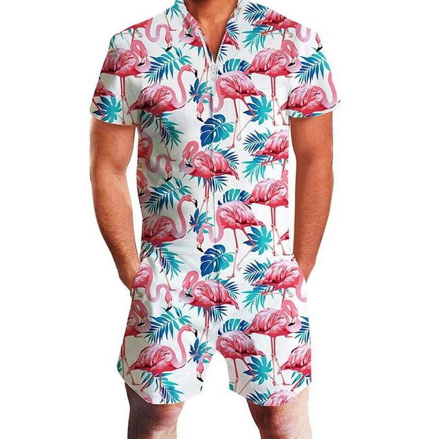 Men Fashion Print Jumpsuit Overalls Zipper One Piece Hawaiian shorts shirts