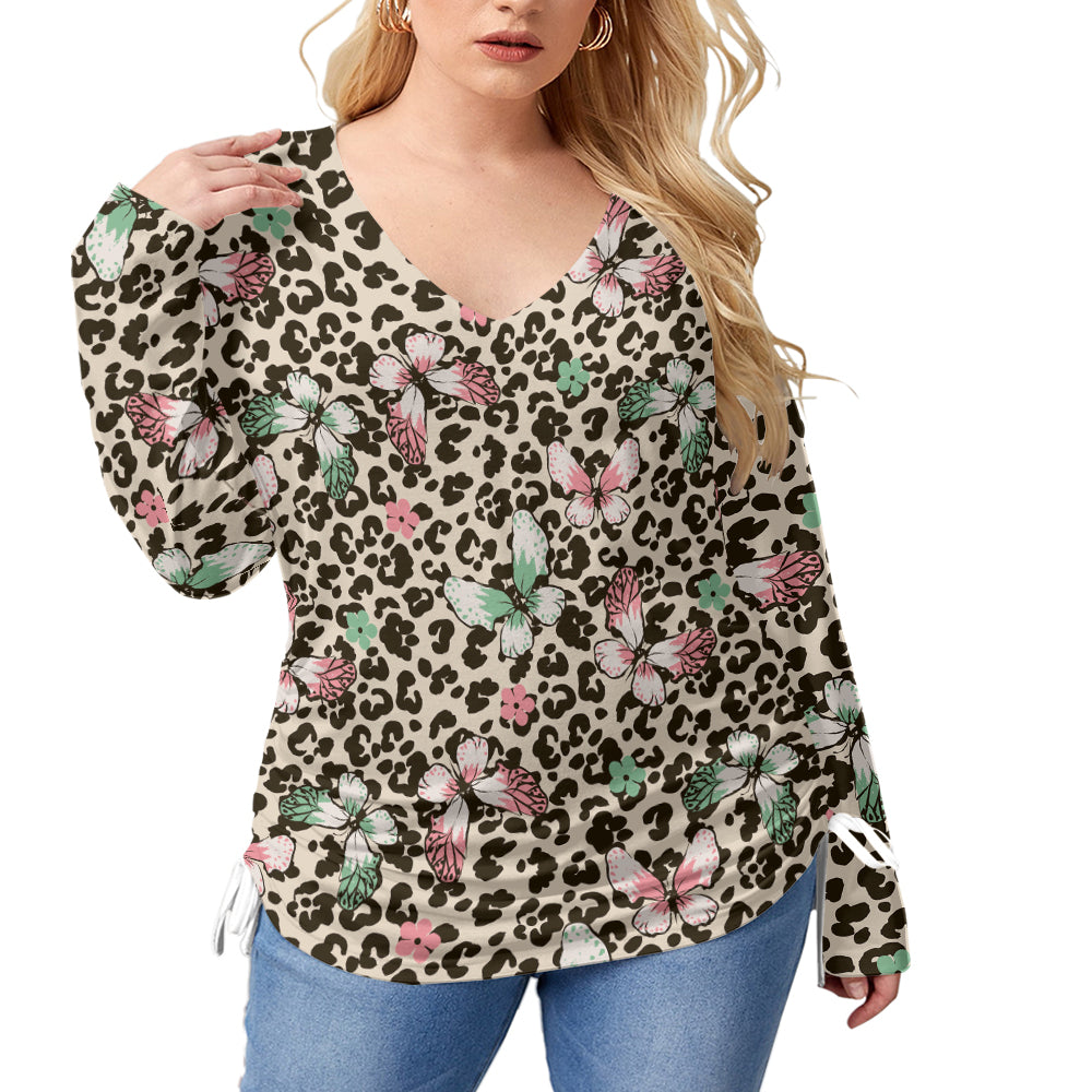 Butterflies On Leopard Dots V-Neck Plus Size T-Shirt