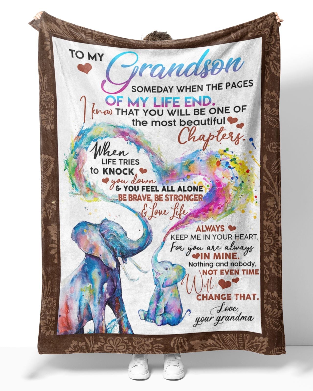 Personalized To My Grandson Elephant Heart Color Blanket From Grandma, To My Grandson Someday When The Pages Of My Life End Blanket Gifts For Grandson