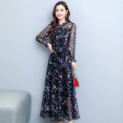 2022 Autumn Winter Floral Chiffon Vintage Midi Dress Casual Boho Beach Maxi Dress Women Bodycon Party Black Evening Prom Vestido alx