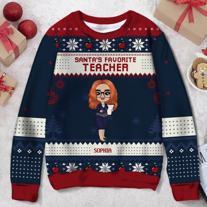 Santa’S Favorite Teacher, Personalized 3D Knitted Ugly Christmas Sweater, Gift For Teacher