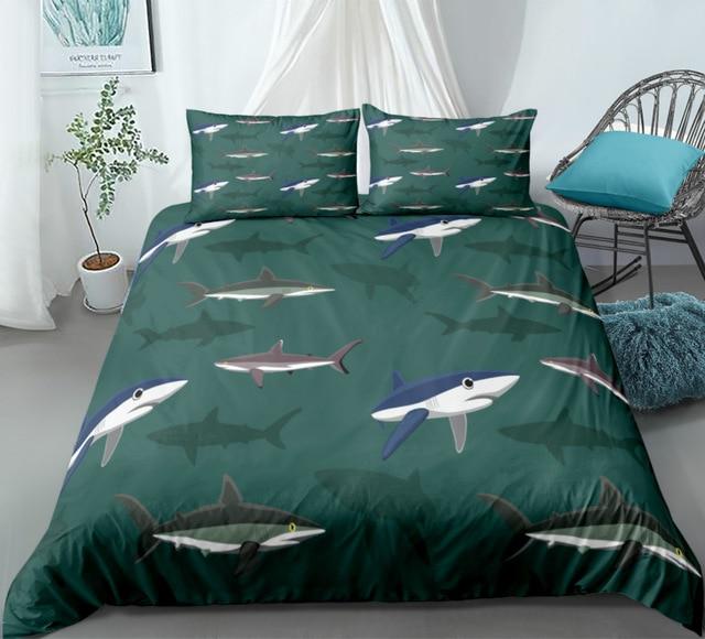 Shark In Ocean Green 3 Pieces Quilted Comforter Set