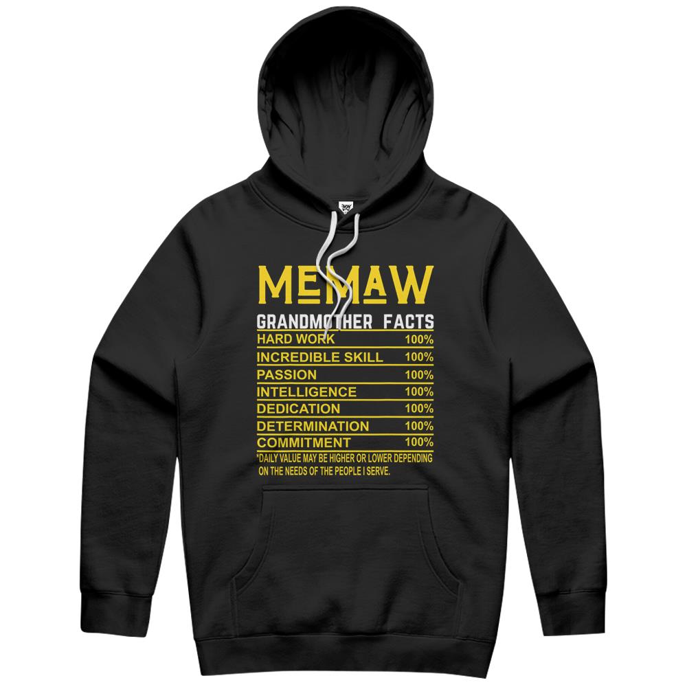 Nutritional Facts Shirt, Nutrition Facts Hoodie, Memaw Grandmother Facts Funny Nutritional Fact Hoodie
