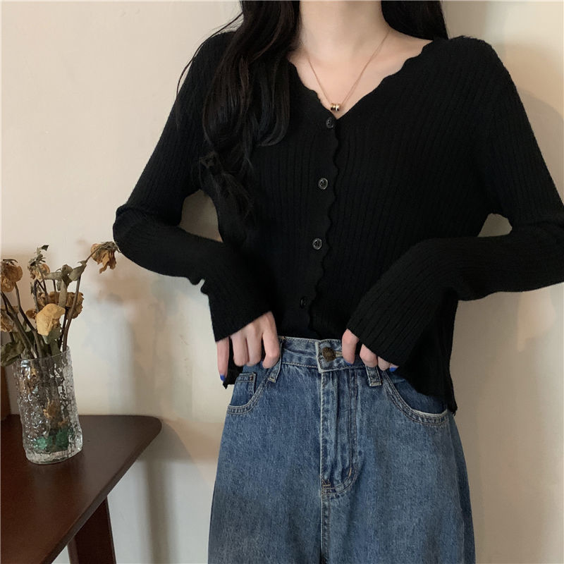 Cropped Cardigan Women Long Sleeve Slim Solid Color Knitted Simple V-neck Sweaters Elegant Outerwear Female Spring Fall Clothing alx