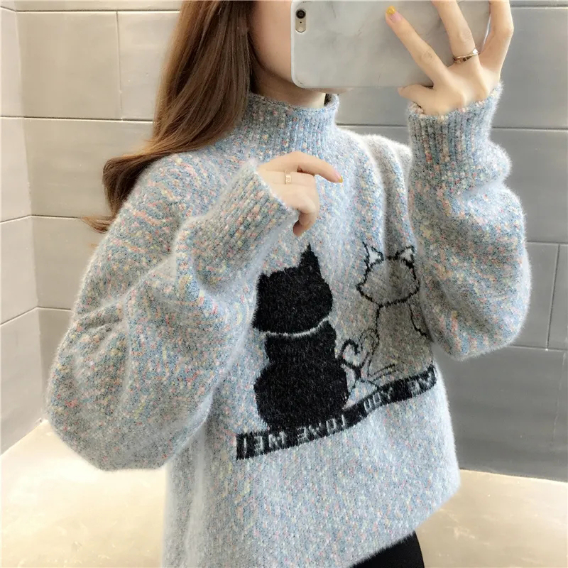 Autumn Winter Sweaters for Women Cute Cats Pattern Loose Fashion Sweaters Turtleneck Casual Pullover Knitted Tops Knitwear Lady alx