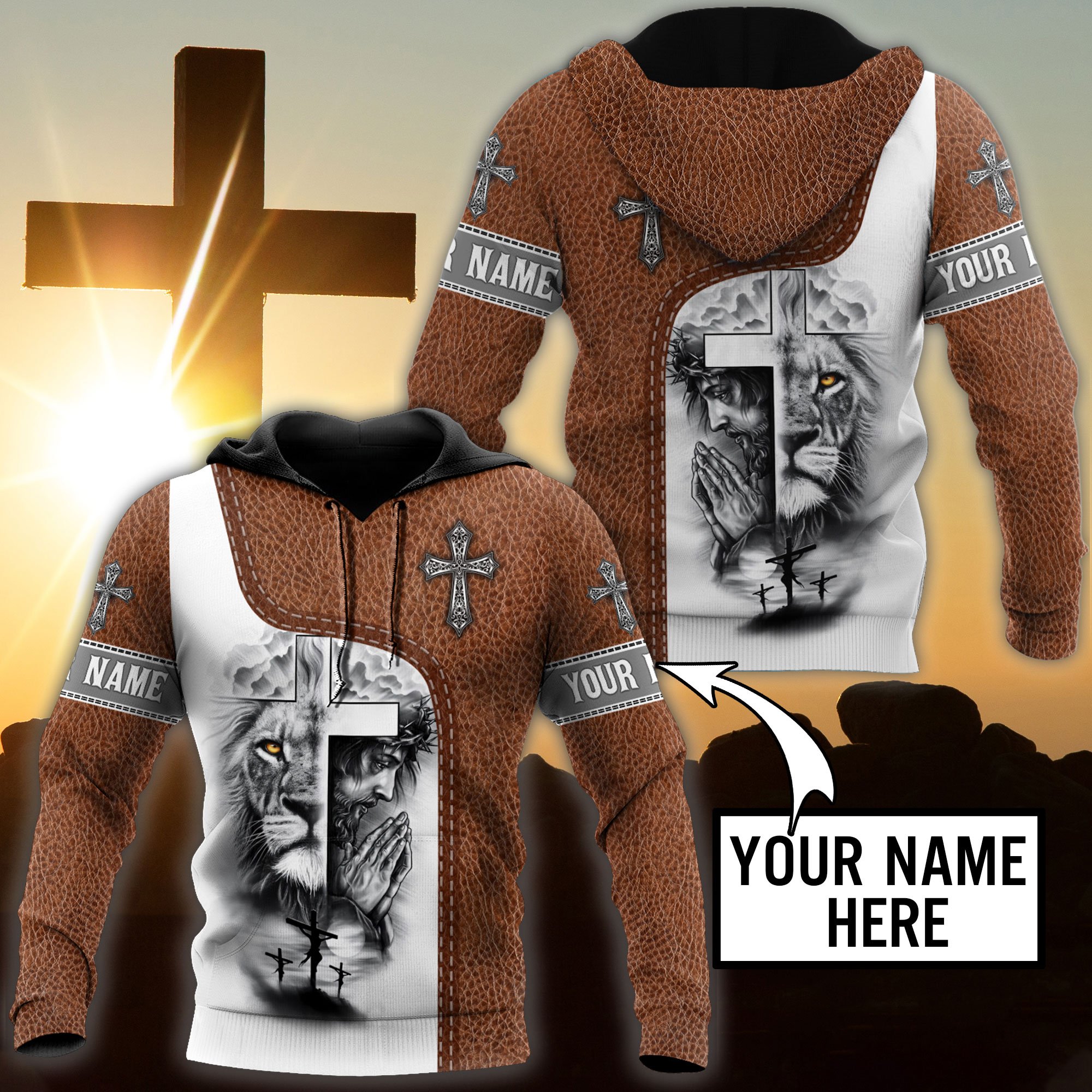 Jesus Christ Cross And Lion Personalized Name 3D Printed Hoodie, T-Shirt For Men And Women