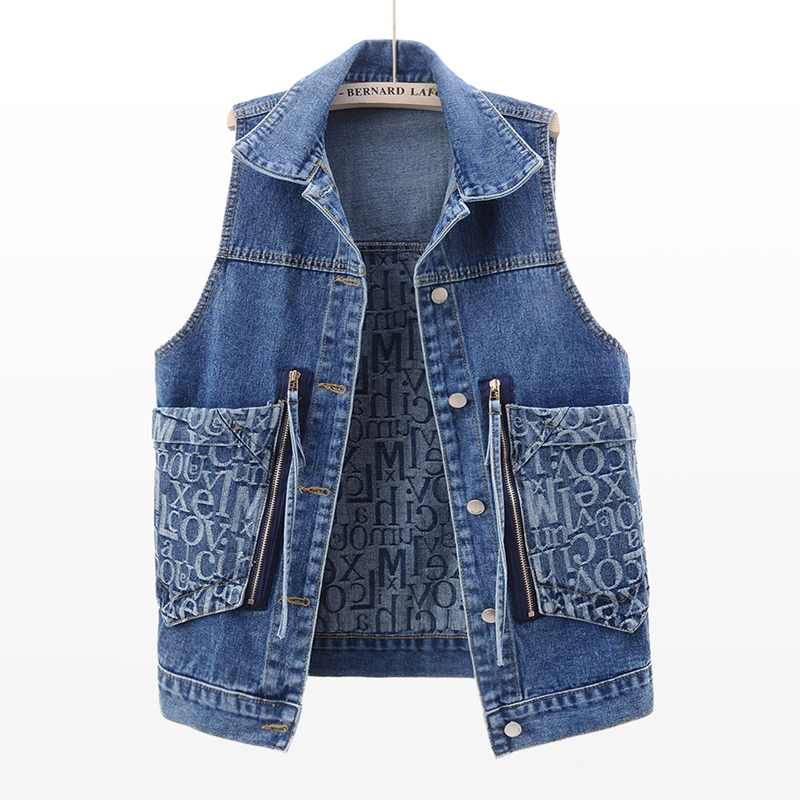 Spring Vintage Blue Black Denim Vest Women Fashion Waistcoat Loose Short Sleeveless Jacket Print Big Pocket Jeans Vest Female alx