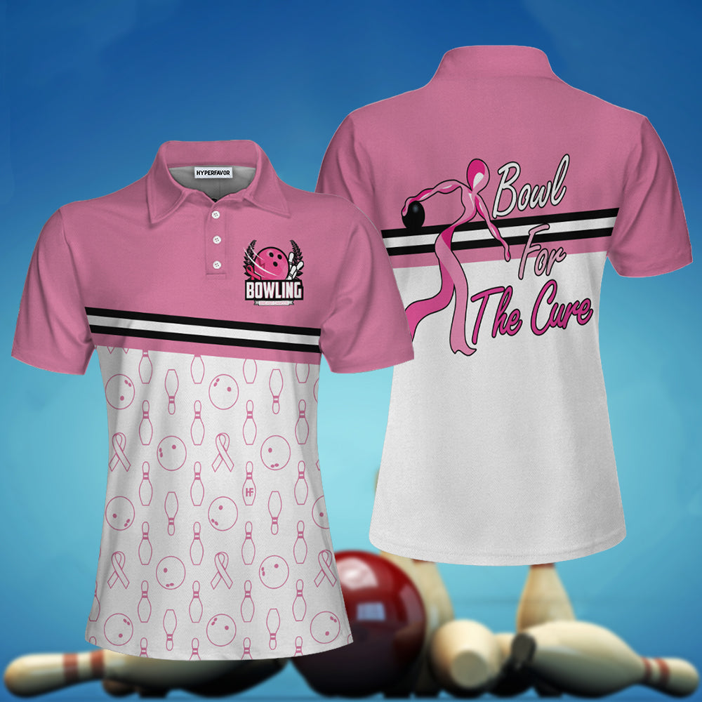 Bowl For The Cure Short Sleeve Women Polo Shirt, Breast Cancer Awareness Polo Shirt For Ladies, Pink Ribbon Shirt Coolspod