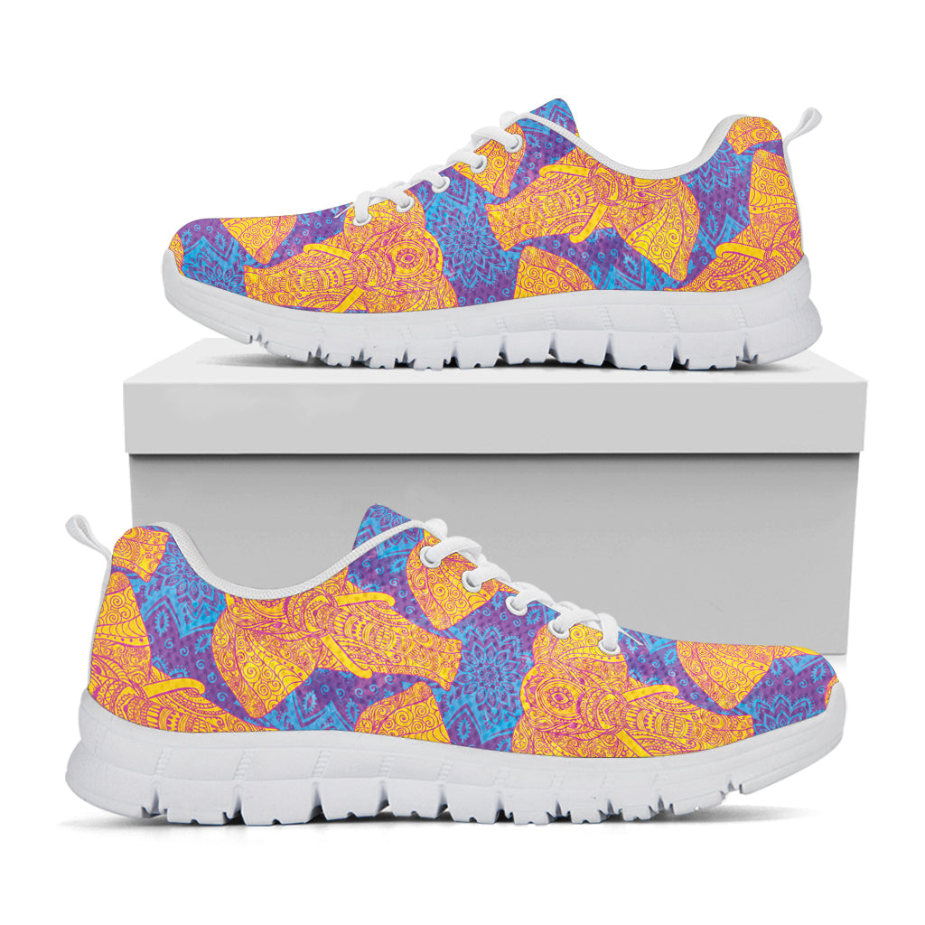 Yellow Mandala Elephant Pattern Print White Sneakers