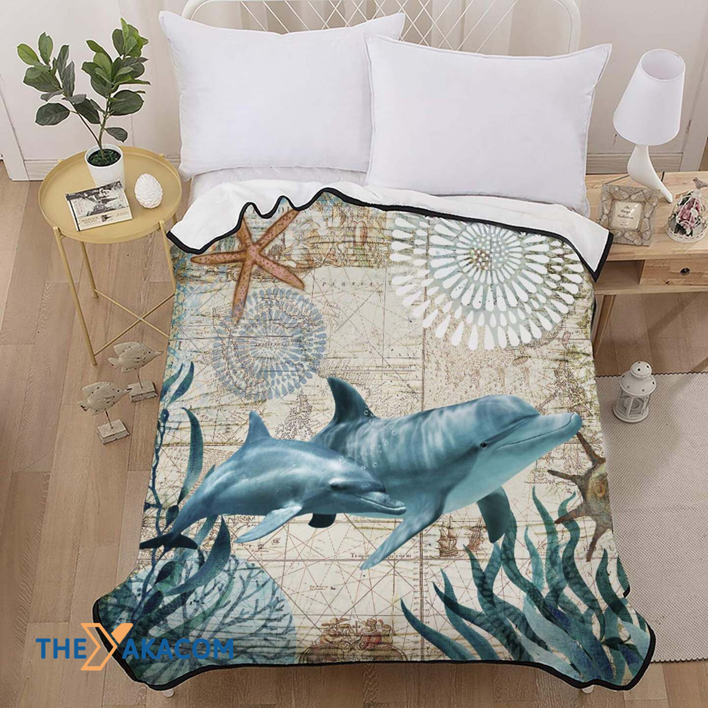 3D Dolphin Under The Ocean Vintage Style Fleece Sherpa Throw Blanket