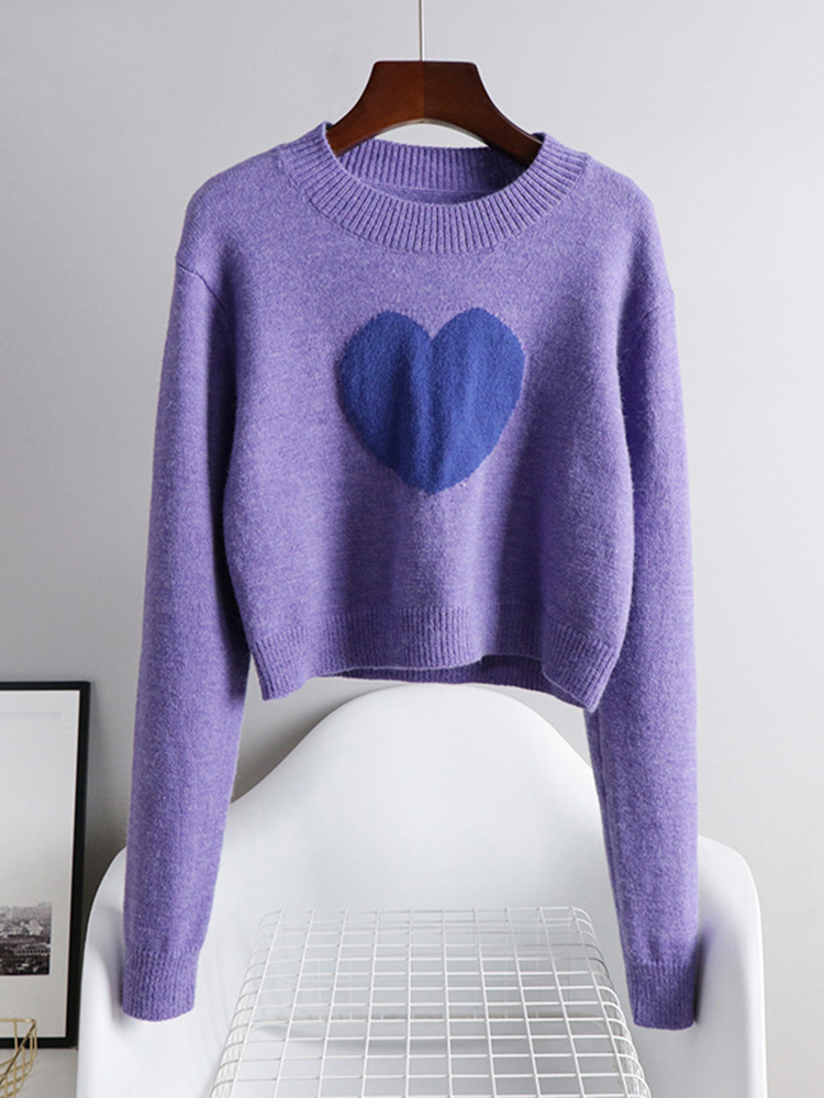 2022 Fall Winter Candy Girly Sweater Purple Knitted Cute Crop Top Heart Patchwork Korean Cute Loose Short Pullover B-040 alx