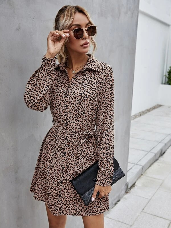 Women Leopard Print Self Tie Shirt Dress