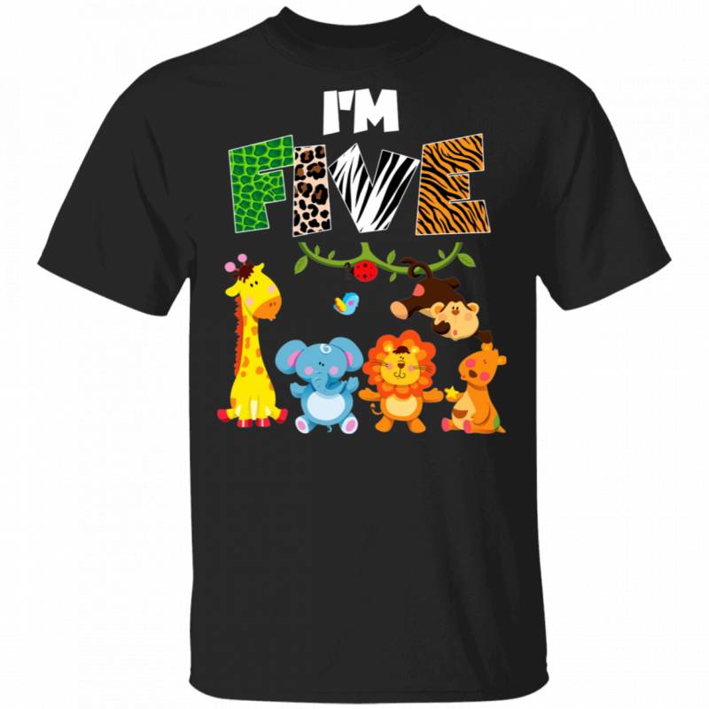 I’m Five Cool Giraffe Elephant Lion Bear Monkey Wild Animal Lover 5th Birthday Gifts T-Shirt