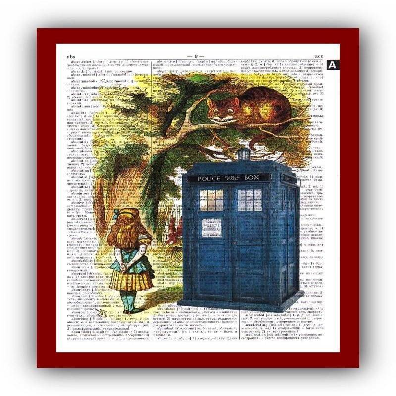 Alice In Wonderland And Doctor Who Tardis Artwork Cheshire Cat Home Decor Upcycled Dictionary Pages Musical Notes Poster And Canvas