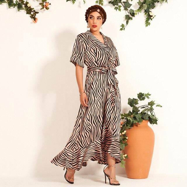 Women’S Sexy V-Neck Zebra Striped Short-Sleeved Elegant Ruffled Long Arab Dress (Without Headscarf)