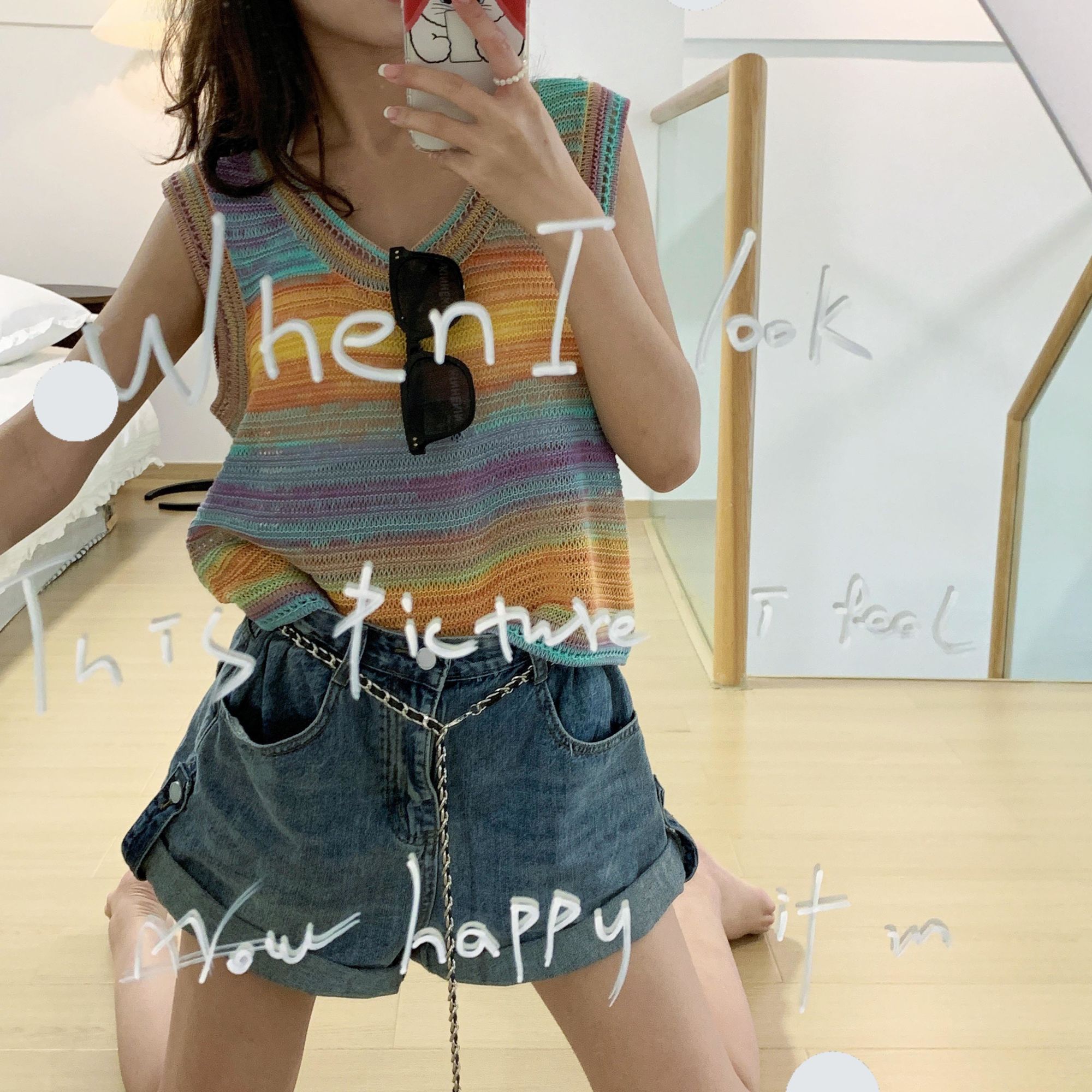 Summer Sweater Vest Women Ins Colorful Rainbow-striped Chic Harajuku Teens Knitwear Sleeveless Daily College Lady Street Stylish alx