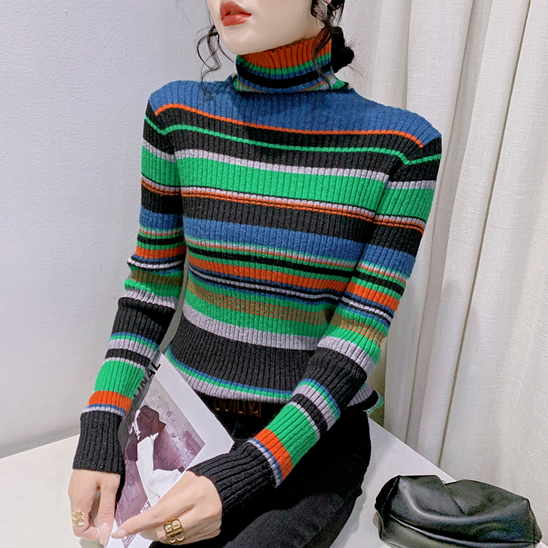 Women Pullover Turtleneck Sweater fall Long Sleeve Thicken stripe Color contrast knitwears Korean fashion pull femme hiver 2022 alx